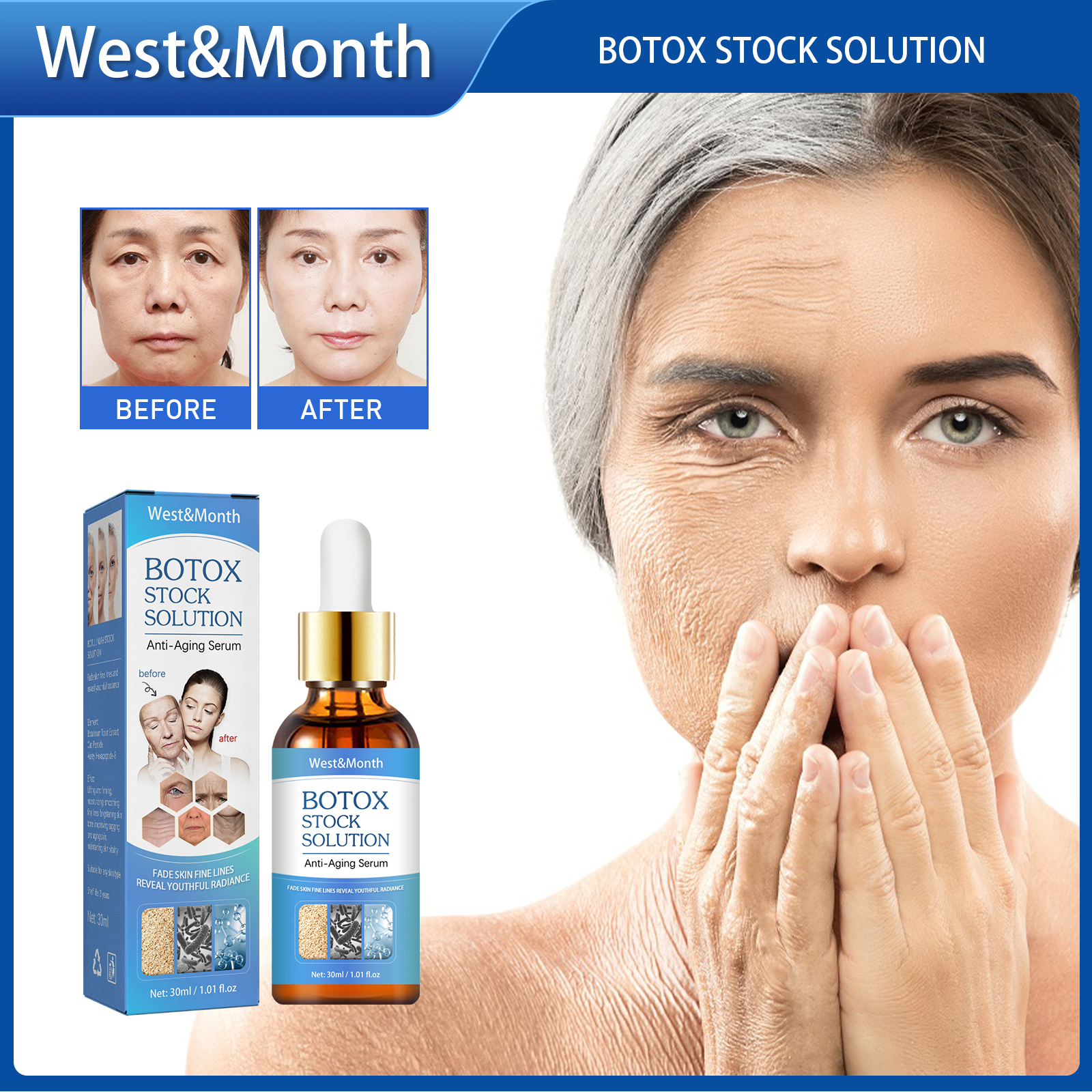 West Month Botox Stock Solution Anti-wrinkle Facial Serum Lifting Firming Anti-aging Fade Fine Lines Essence Collagen Nourishing Moisturizing Skin Care Minimize Pores Anti-aging Wrinkle Firming Essence Fade Fine Line Essence For （30ml）