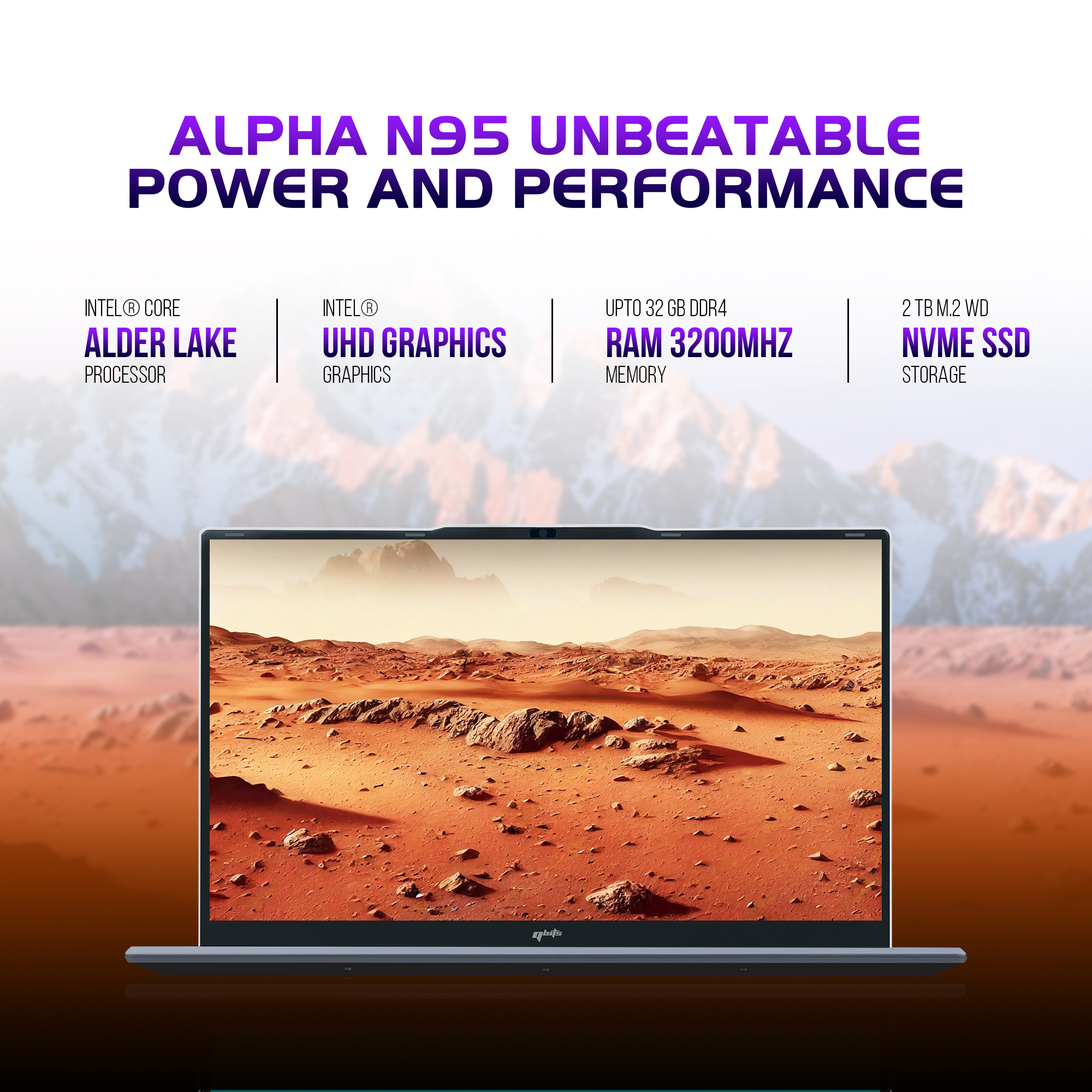 Qbits Alpha N95 Laptop Intel® Processor N95 (3.40 GHz 6 MB Cache) with 16 GB RAM and 500GB M.2 Western Digital NVMe SSD. 