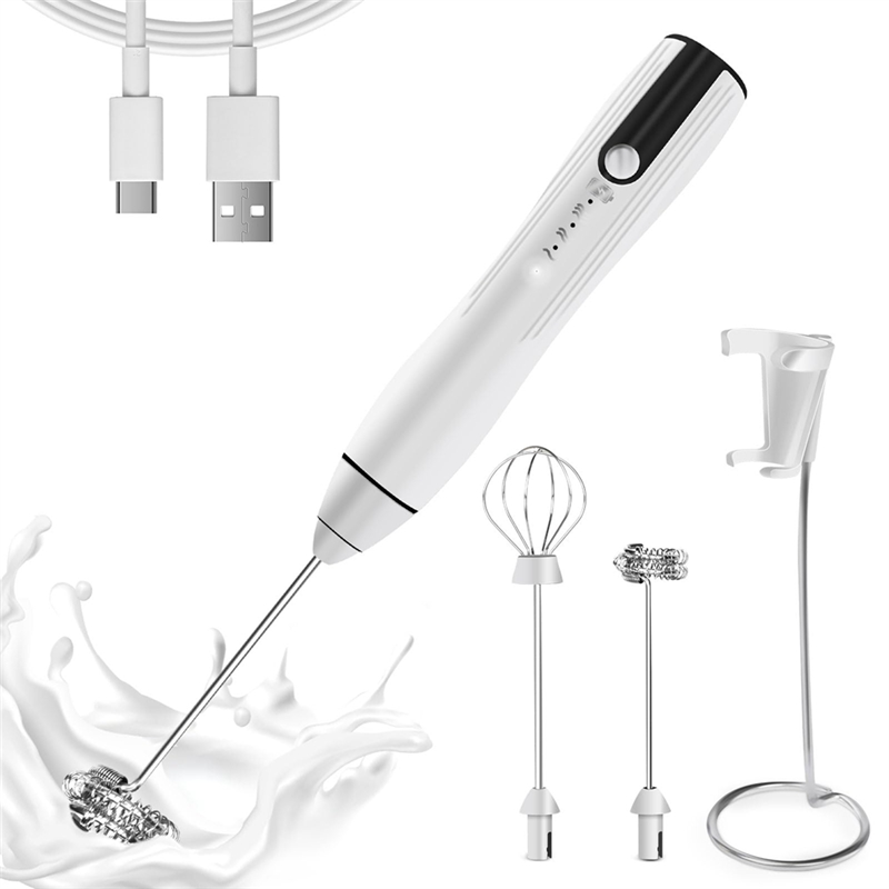 Rechargeable Milk Frother Handheld with 3 Speeds Powerful Whisk Drink Mixer with 2 White Milk Frother 1Set