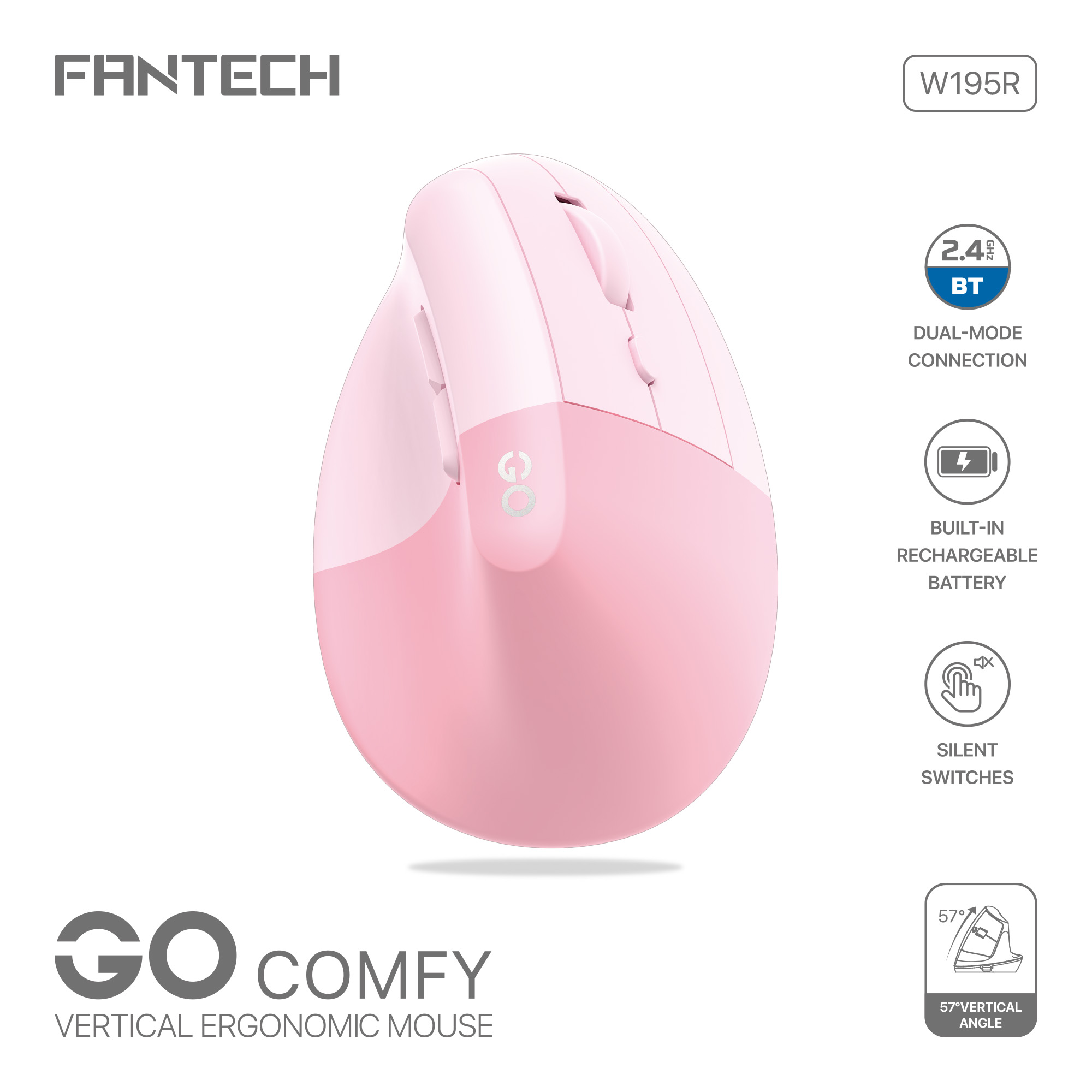 FANTECH W195R GO Comfy Mouse Vertical Ergonomic Design Wireless & Bluetooth Connection Compact Wireless Mouse. 