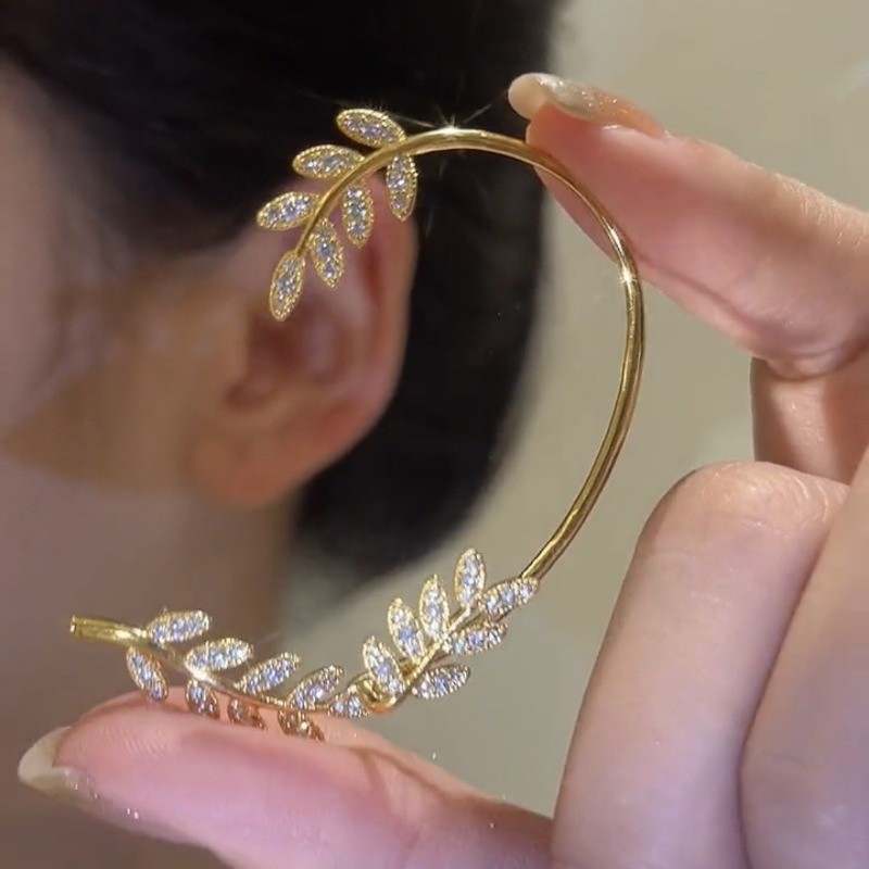 Enacolor 1Pc Delicate Full Leaves Ear Clip Ladies Fake Cartilage Long Tassel Earrings Jewelry Gift