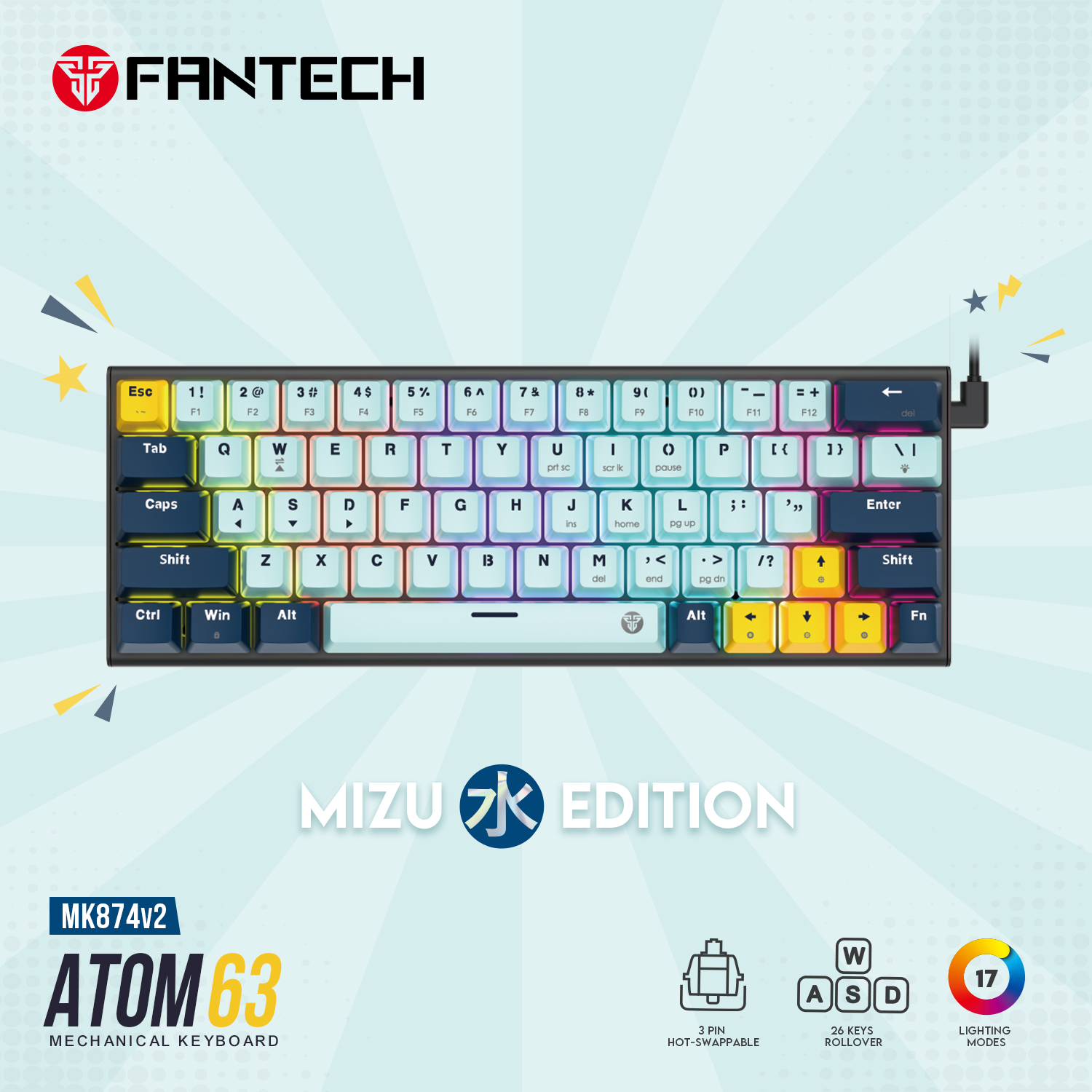 FANTECH ATOM63 MK874 V2 MECHANICAL GAMING KEYBOARD- MIZU SERIES Sky Blue And Navy Blue - Switch Blue-Red