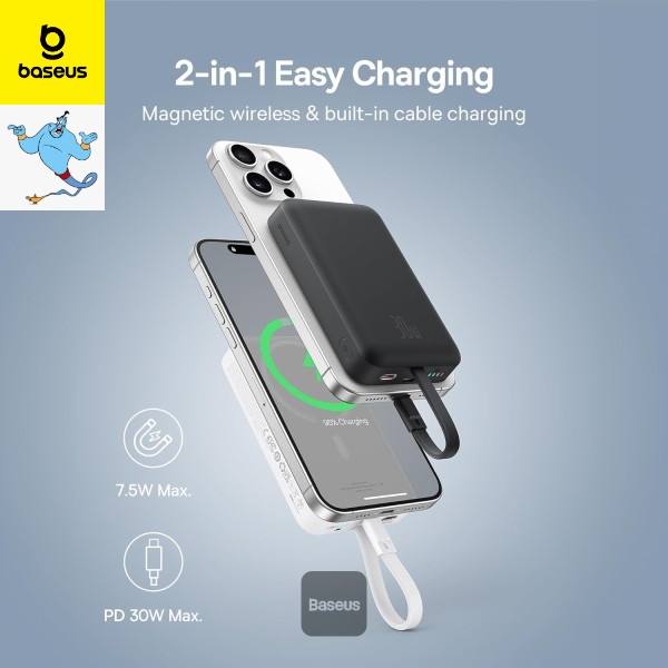 Baseus 10000mAh Magnetic Mini Wireless Fast Charge Power Bank 30W With Built-In Type-C Cable