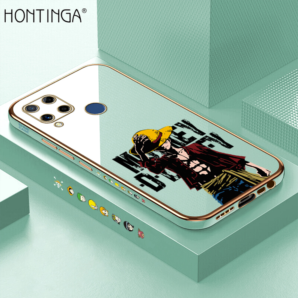 Hontinga for Realme C15 Back Cover + Free Lanyard Luxury 6D Plating Handsome Luffy Side Pattern Case Soft Silicone Square Mobile Cover