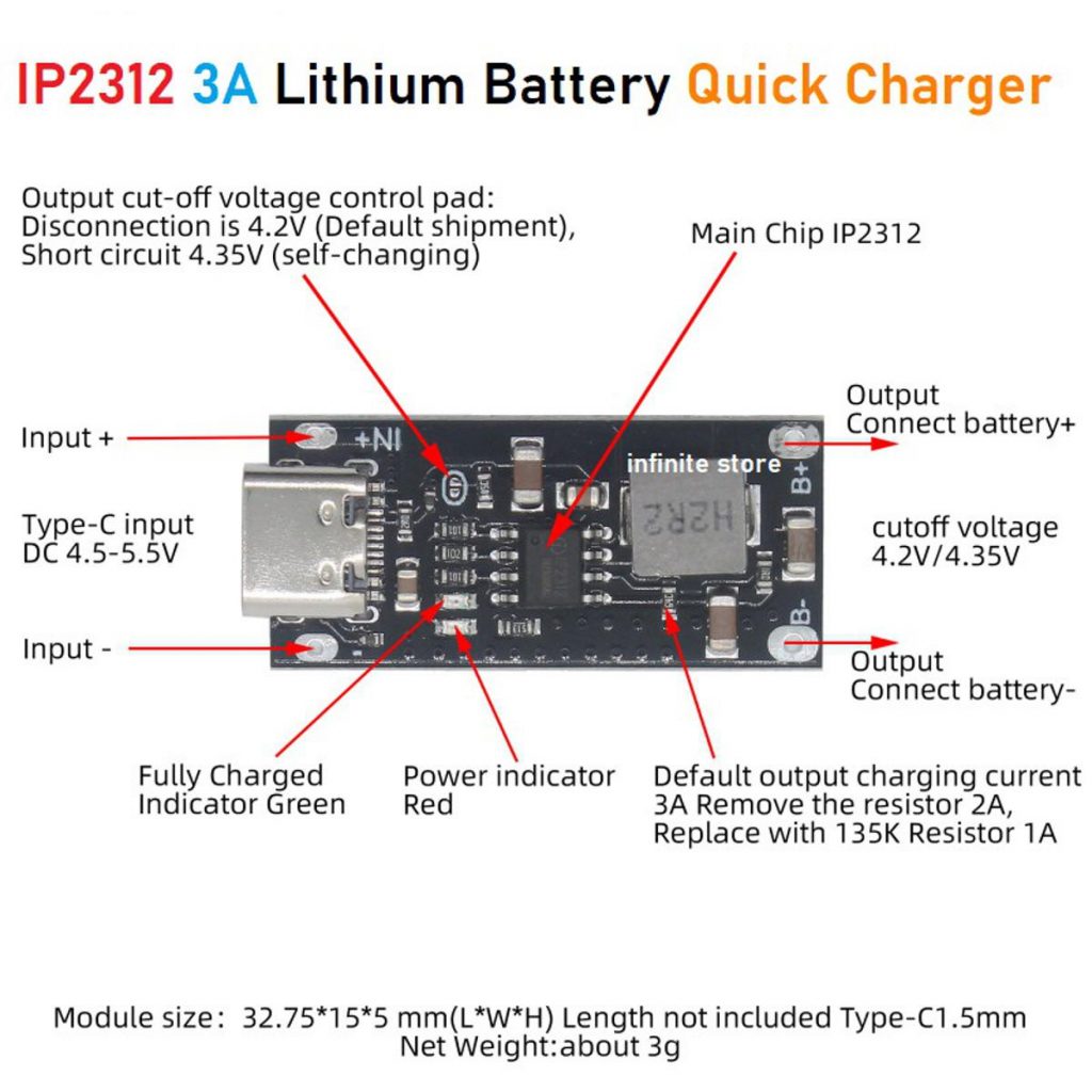 Usb Type C IP-2312 Polymer Ternary Lithium Battery Quick Fast Charging Board Charger Module Smart Home Replace. 