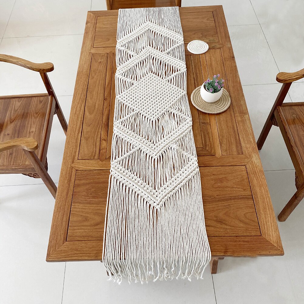 Boho Bohemian Table Runner Handmade Table Bed Tapestry Hand-woven Macrame Table Runner With Tassels Wedding Party Home Decor. 