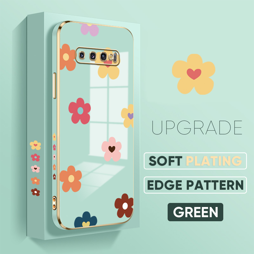 Jizetin (Free Lanyard) for Samsung Galaxy S10 Plus Back Cover Falling Flowers Luxury 6D Plating Case Side Pattern Soft Silicone Square Phone Cases