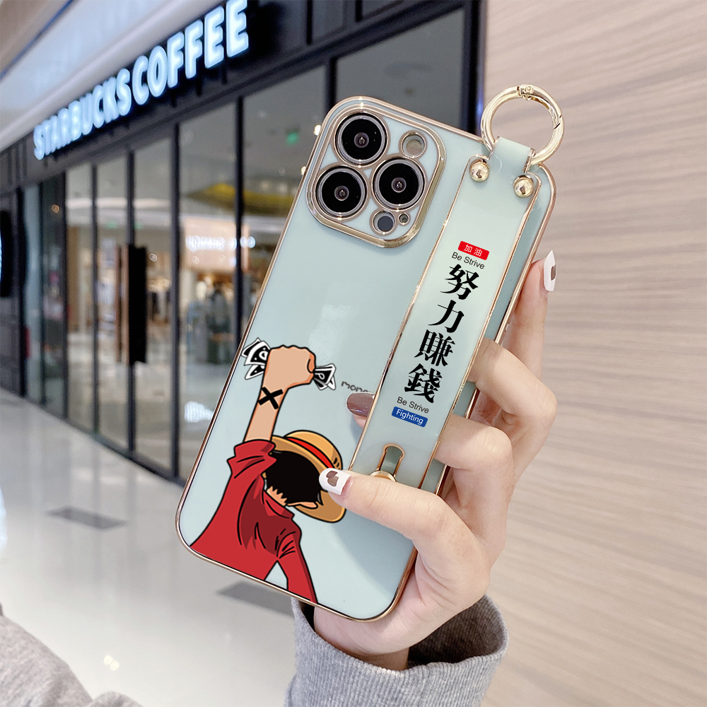TA for iPhone 13 Pro Max Wrist Strap Back Cover Struggle Luffy Fashion Luxury 6D Plating Soft Casing Silicone Square Frame Phone Case. 