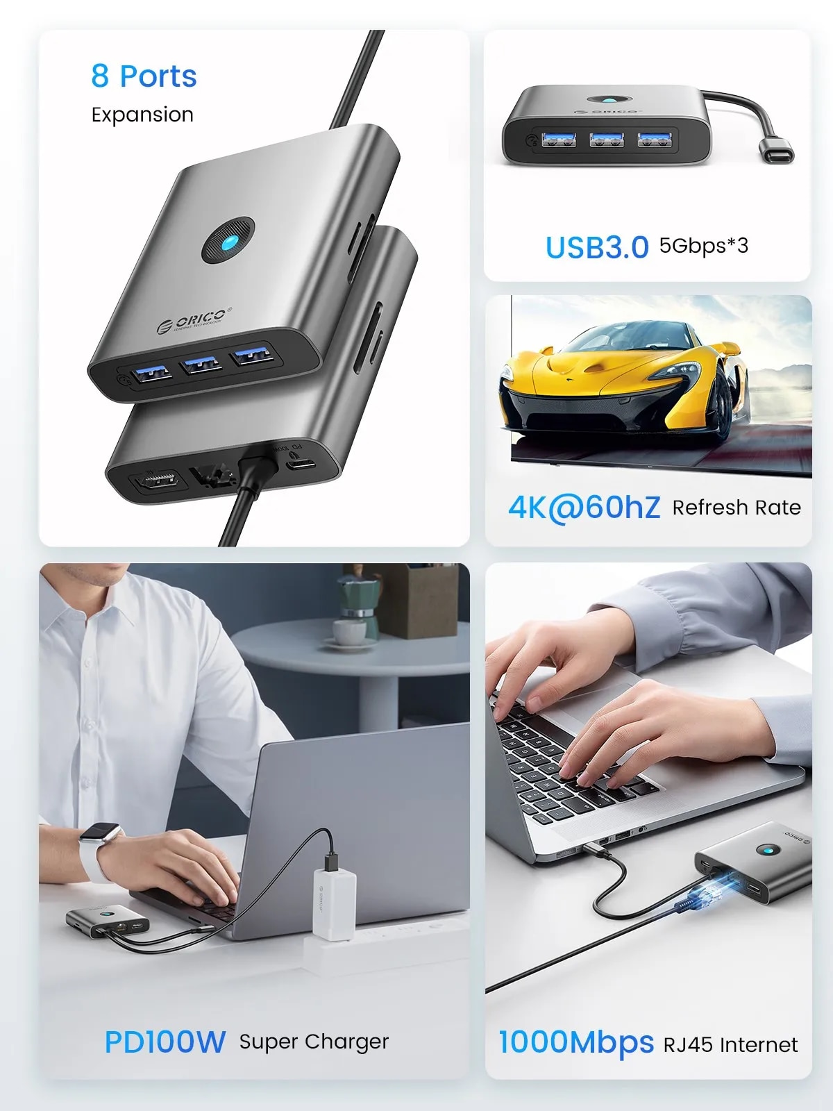 ORICO USB 3.0 Adapter HUB Type C to 4K60Hz HDMI-Compatible Docking Station RJ45 PD Splitter For MacBook iPad Laptop Accessories. 