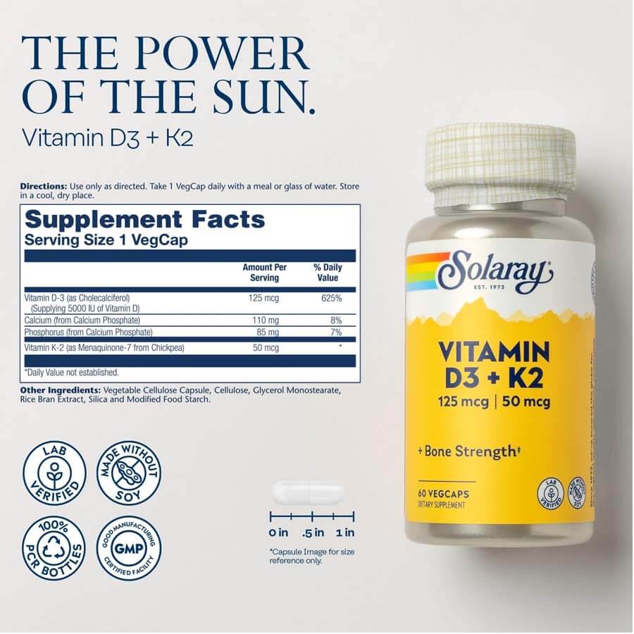 SOLARAY Vitamin D3 K2 - 60 Veg Capsules, Bone Health and Immune Support Supplement - With 5000 IU Vitamin D as Vit D3 and 50 mcg Vitamin K2 as Menoquinone MK7, Made Without Soy, USA. 