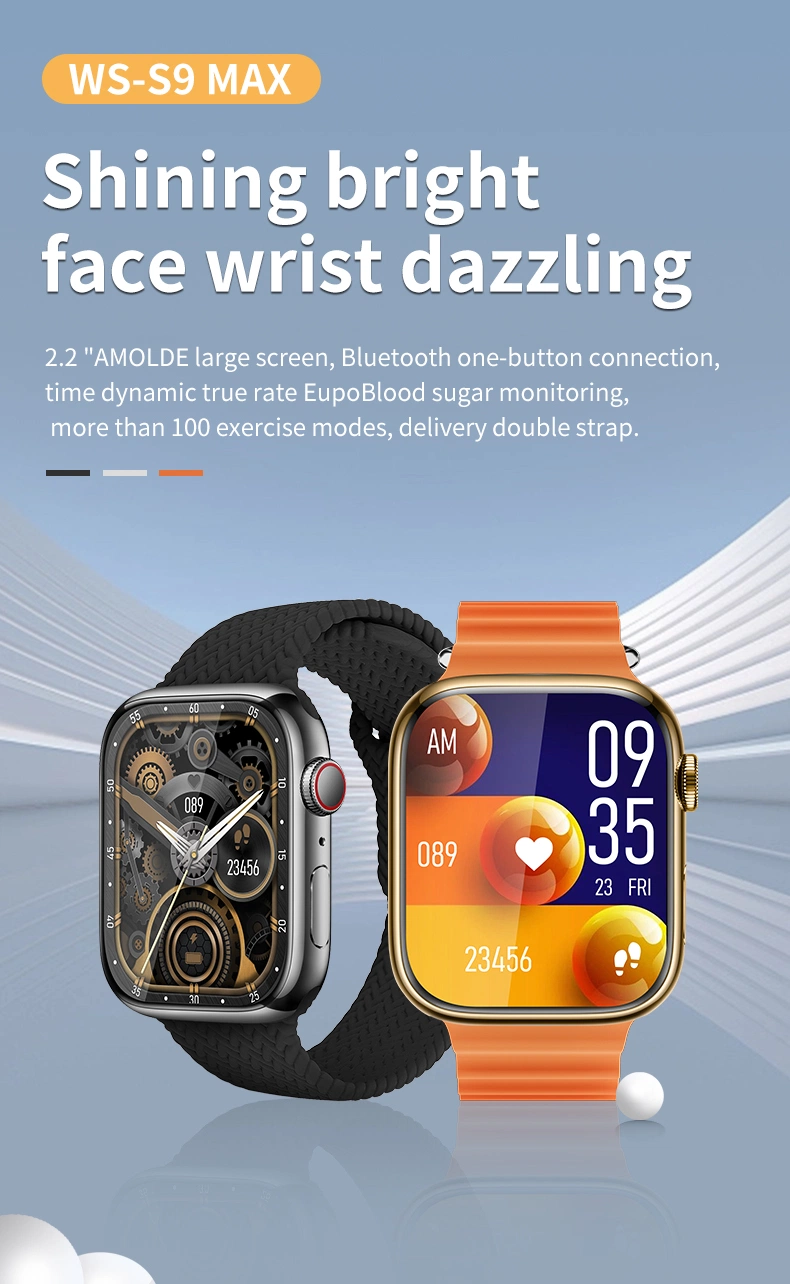 WS-S9 Max Smart Watch Bluetooth Calling 2.2" Inch Amoled Display IP68 Waterproof Fitness Tracker Watch for Men and Women. 