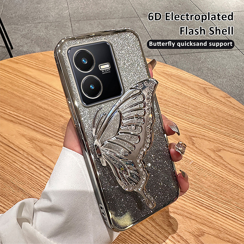 For Vivo Y22s Y22 Stereoscopic case Back cover Quicksand Drilling Butterfly Holder Phone Case Transparent Silicone