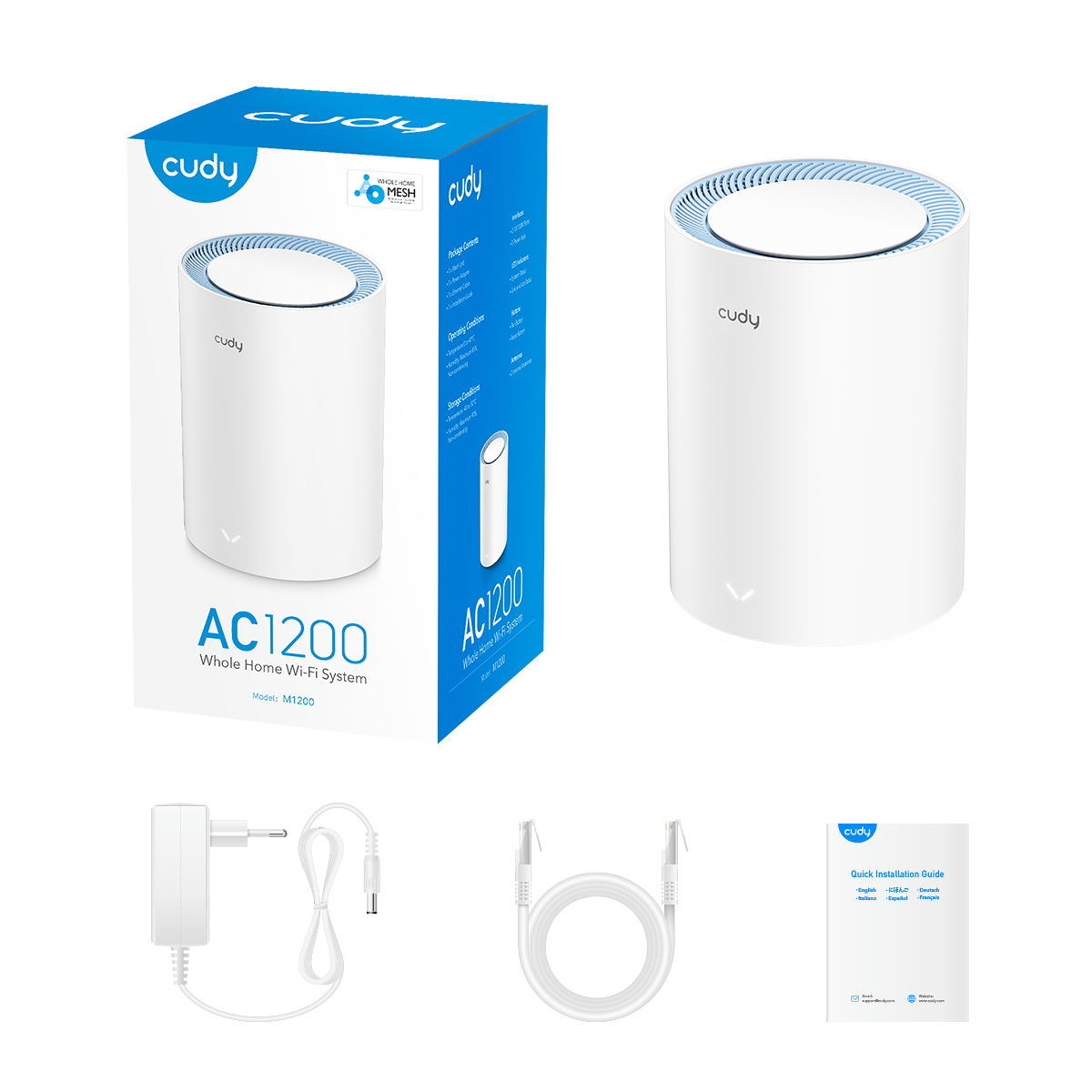 Cudy M1200 (1-pack) AC1200 Dual Band Whole Home Wi-Fi Mesh System - 867Mbps on 5GHz and 300Mbps on 2.4GHz - 2 Internal Antennas - White. 