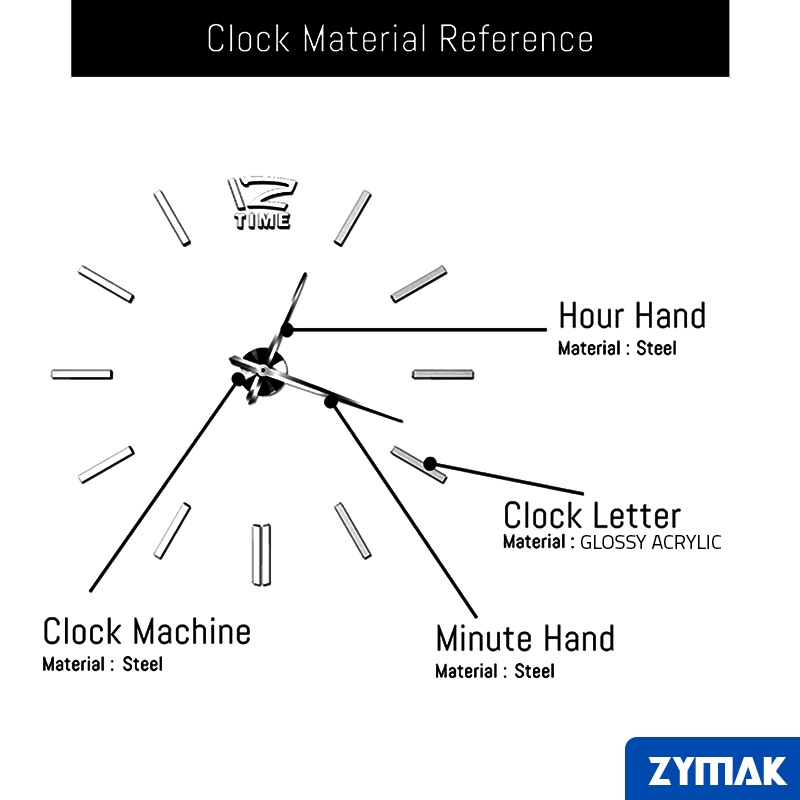 Zymak WP-55PB Glossy Acrylic 3D Sticker Type Wall Clock Large Size DIY Wall Clock. 