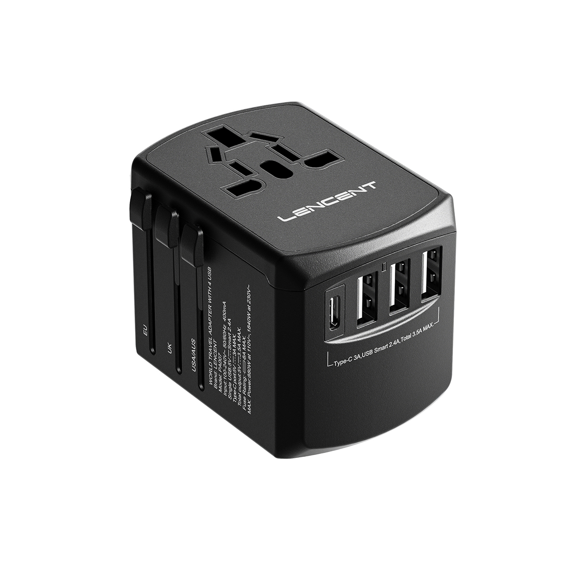 [NEW VERSION]LENCENT Universal Travel Adaptor with UK/USA/EU/AUS Worldwide Travel Charger Plug, 3 USB Ports and 1 Type C International Wall Adapter & Universal Socket for Travelling over 200 countries for iphone xiaomi Huawei and so on. 