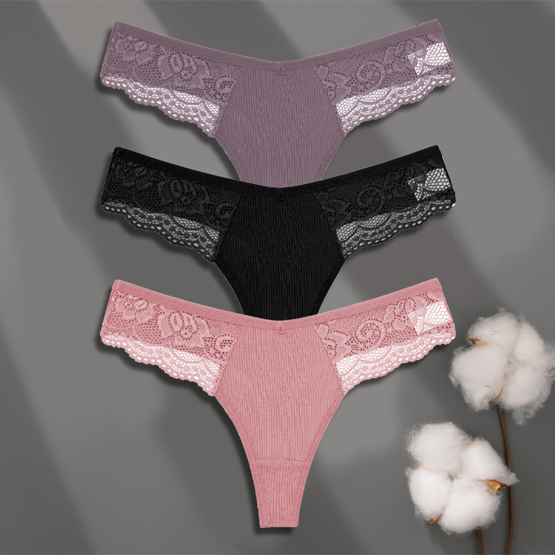 FINETOO 3Pcs Women's Cotton Underwear Lace Thongs Solid Color Low Waist Bikini Panties Ladies Breathable G-string Lingerie