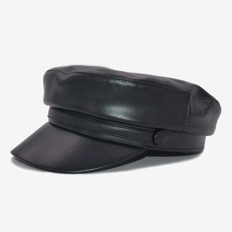 【happy one】Pu Leather Military Women Hat Gorras Caps Female Casquette Berets British Style. 