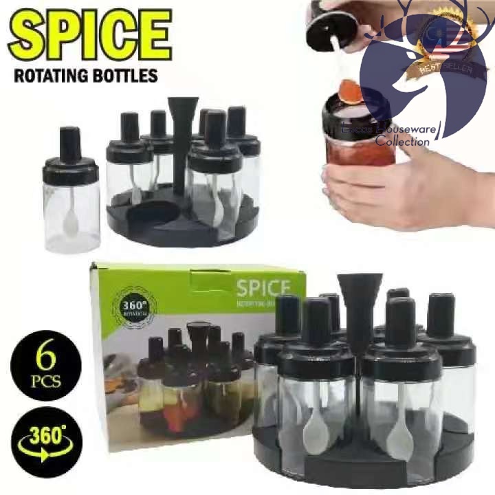 6-Pieces Spices Seasoning Bottles Jars with Spoon Rotation Base. 