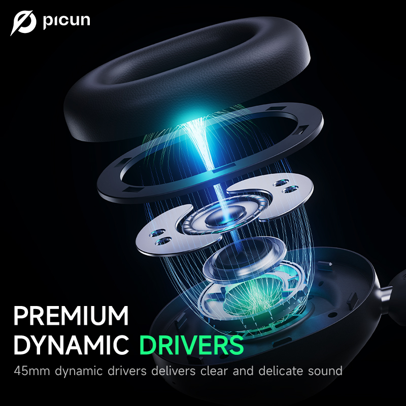 Picun F6 Active Noise Cancelling Bluetooth Headset Hi-Res ANC Head Tracking 3D Audio Wireless Headphones APP Control Low Latency. 