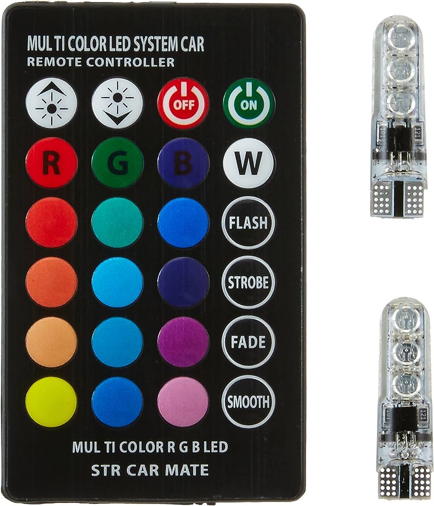 T10 LED Parking Light Bulbs for Motorcycle & Car 2PCS RGB  W5W 5050SMD Multi-Color Remote Control Bulb (16 Colors) 12V Waterproof Wedge Light for Bikes, License Plate, Dome Light (with 24-Key Remote). 