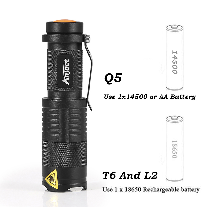 Anjoet LED Flashlight Q5 T6 L2 Mini Portable Torch Adjustable Zoom Flash Light Lamp use 14500 and 18650 battery for Bike light. 