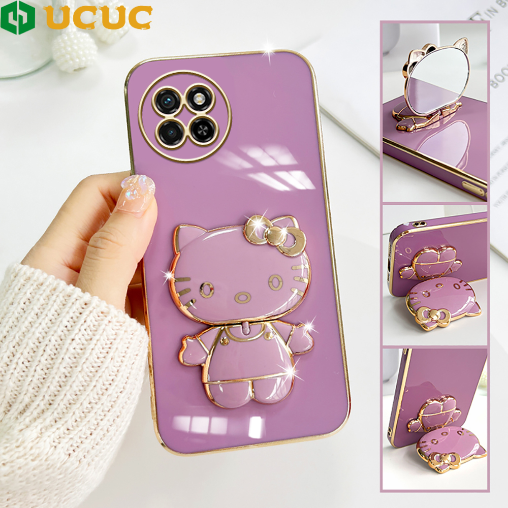 UCUC for Itel S23 Back Cover Cute kitty Mirror Multifunction Folding Bracket Luxury 6D Plating Case Soft Silicone Square Phone Cases for Boys for Girls. 