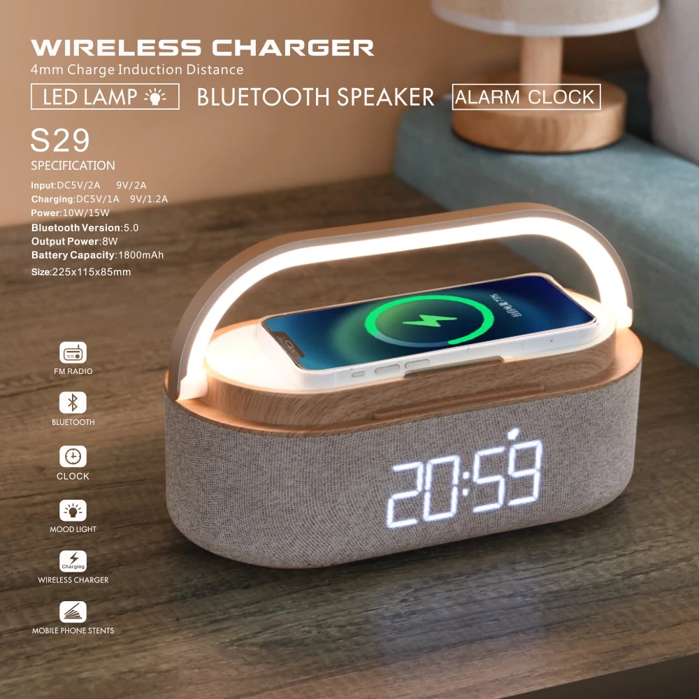 Digital Alarm Clock Radio Bluetooth Speaker Wireless Charger Snooze LED Display for Samsung Xiaomi Huawei 30W Fast Charge New. 