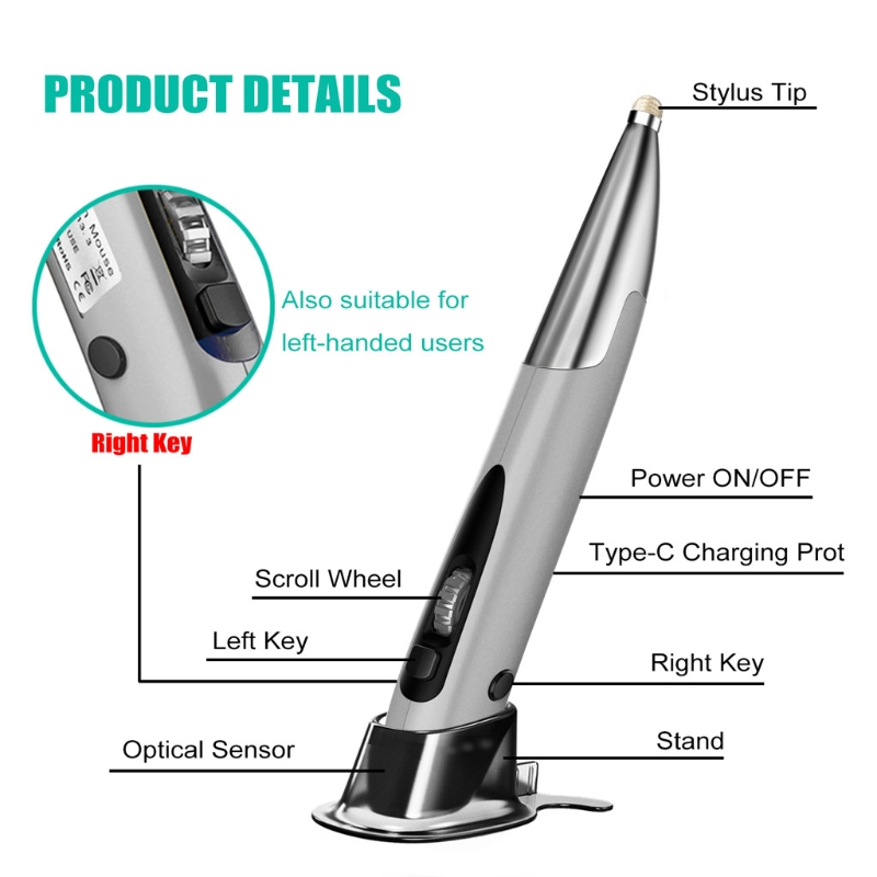 Rechargeable Right and Left Hand 1200 DPI 2.4G USB Wireless Mouse with Micro USB Type C Adapter Touch Pen Function for PC Laptop. 