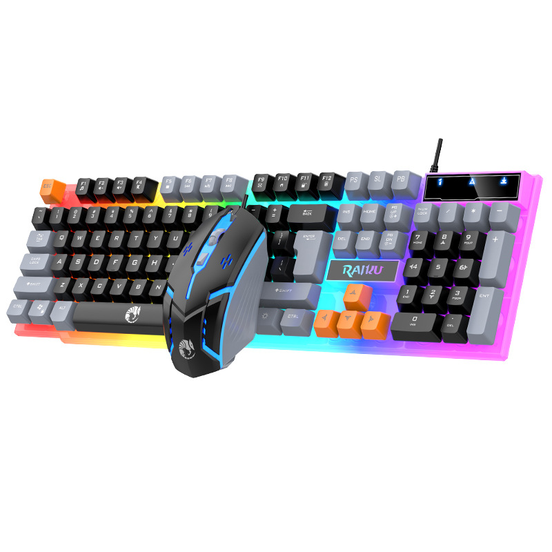 RAIKU T26 Triple Color-Blocked Luminous Keyboard Mouse Wired Mechanical Feel Gaming Mouse Keyboard Set. 