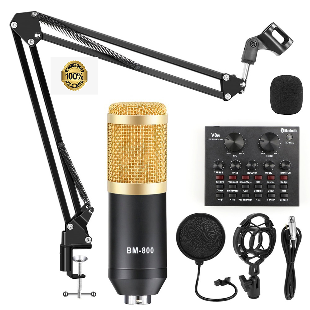 BM800 Condenser Microphone & V8 Sound Card Kit Muti-functional Bluetooth Sound Card for Studio Mobile Phone PC Laptop Record Live Broadcast Microphone BM 800 -Gold. 