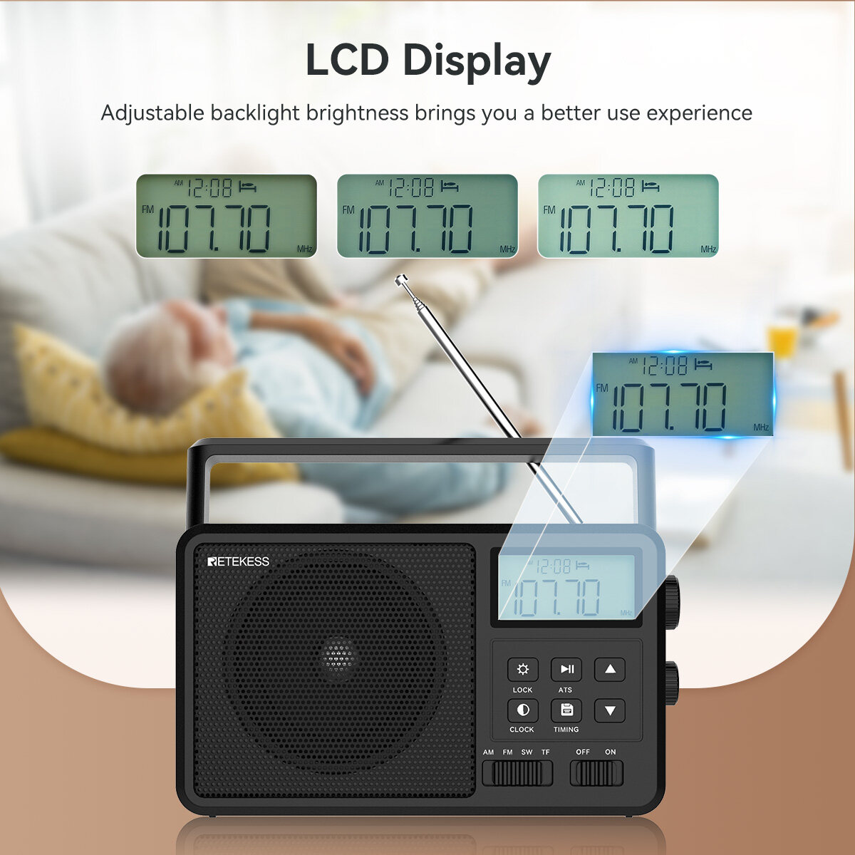 RETEKESS TR638 Portable Bluetooth Radio, AM FM Shortwave Radio with Backlight LCD Display, Large Knob Digital Radio for Home Elders Support External Antenna, TF Card and USB. 