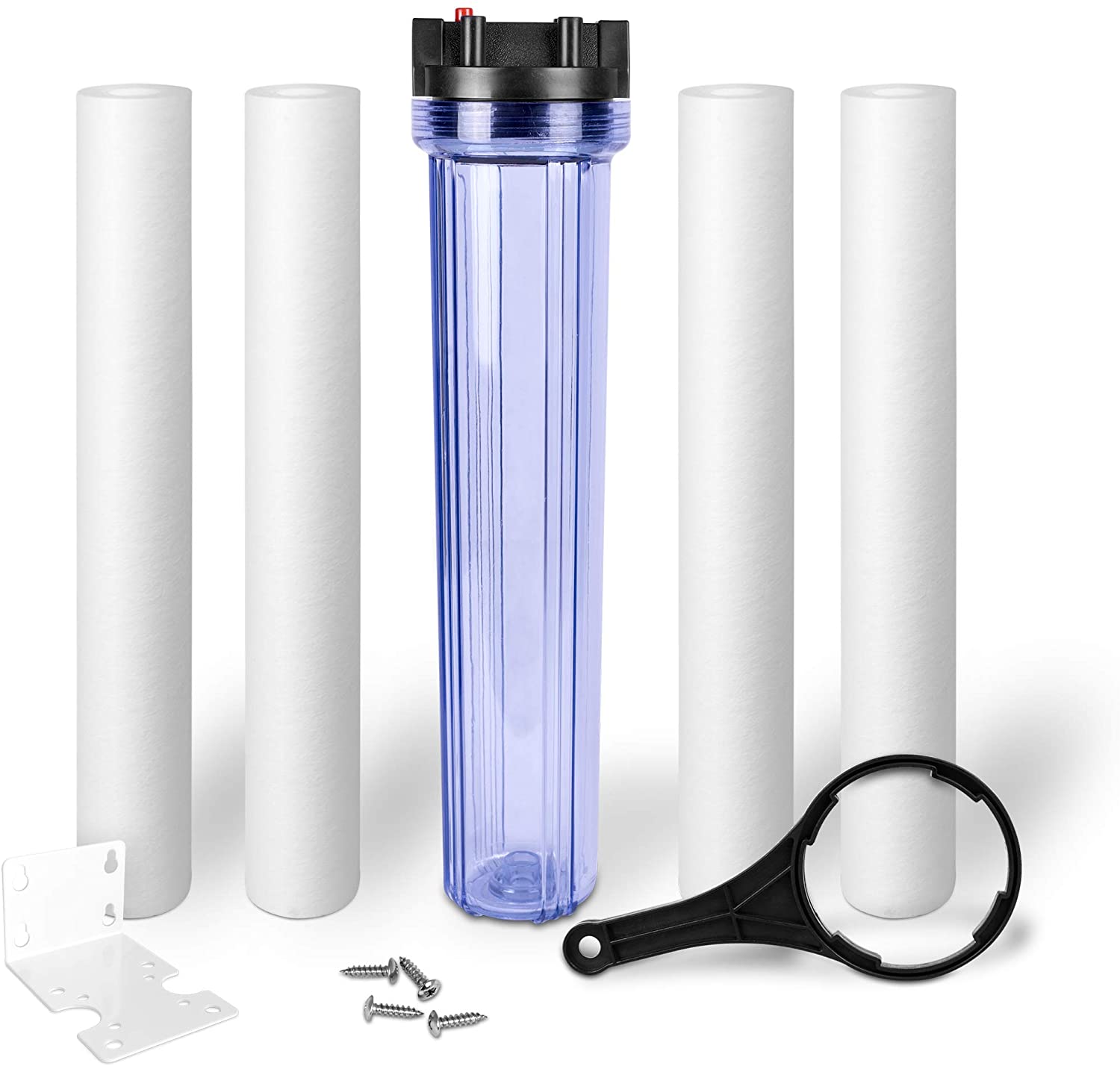 Whole House Water Filter Purifier System, Transparent 20inch Housing with Presser Relief Button, 1/2inch Inlet, Outlet & 5 Micron Sediment Water Filter Cartridge with 3 Replacement Filters