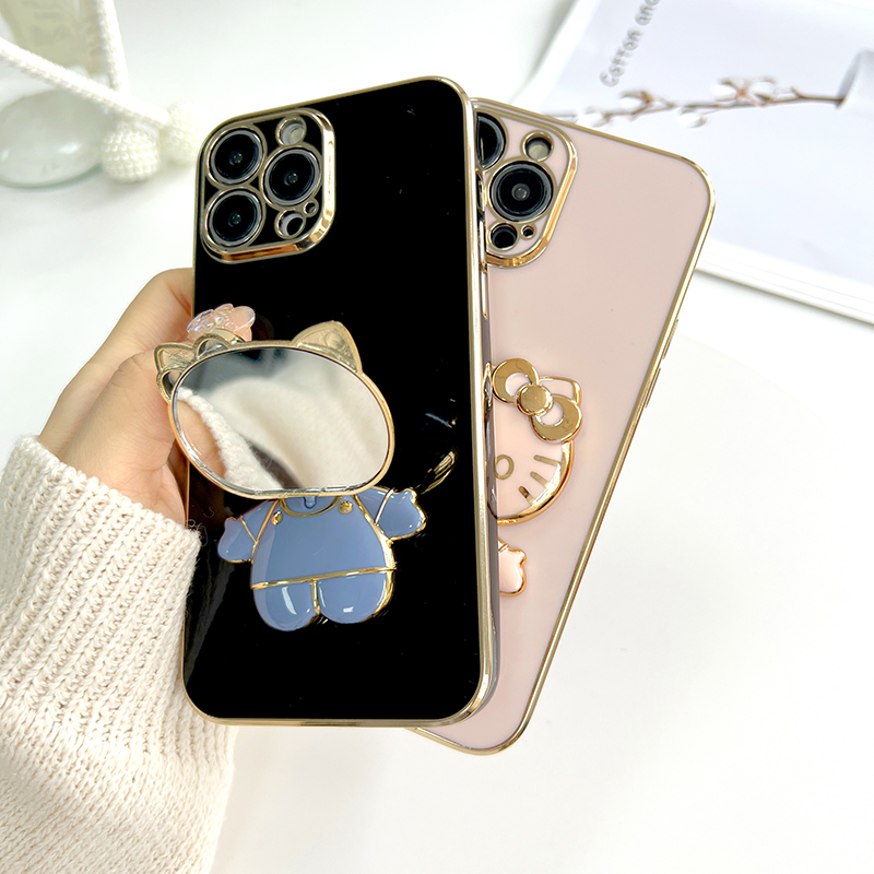UCUC for Itel S23 Back Cover Cute kitty Mirror Multifunction Folding Bracket Luxury 6D Plating Case Soft Silicone Square Phone Cases for Boys for Girls. 