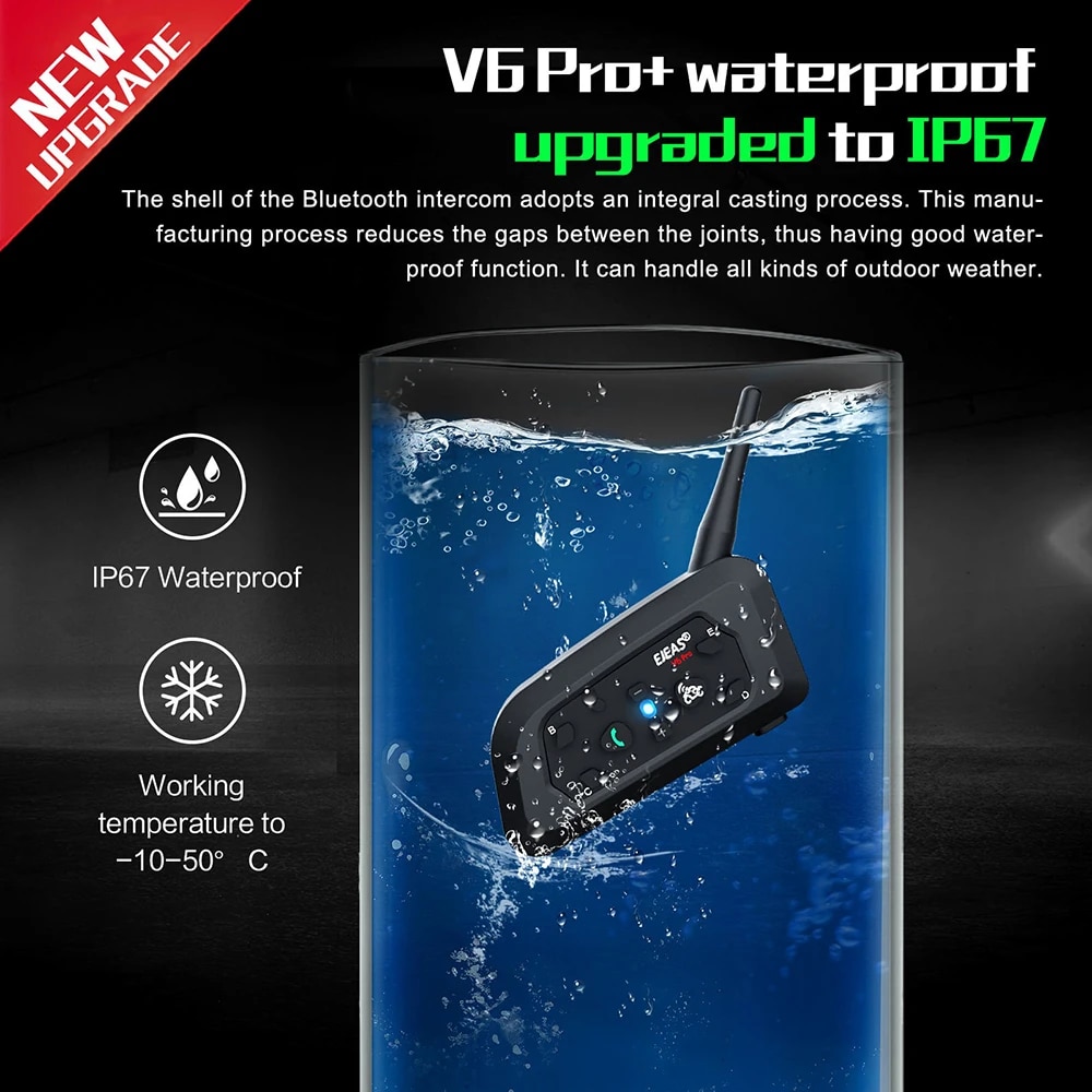 EJEAS V6 PRO+ Motorcycle Intercom Helmet Bluetooth Headset 6 Riders 800m Communicator Waterproof V5.1 Music Player Interphone. 