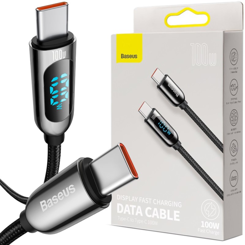 Baseus Display USB C To USB C PD 100W Fast Charging Data Cable Type-C To Type-C Charging Cable Smart Monitoring Chip Applicable For Laptops Tablets and Phones. 