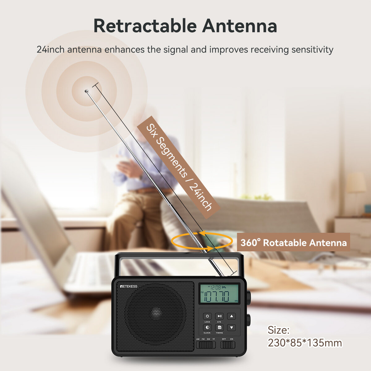 RETEKESS TR638 Portable Bluetooth Radio, AM FM Shortwave Radio with Backlight LCD Display, Large Knob Digital Radio for Home Elders Support External Antenna, TF Card and USB. 