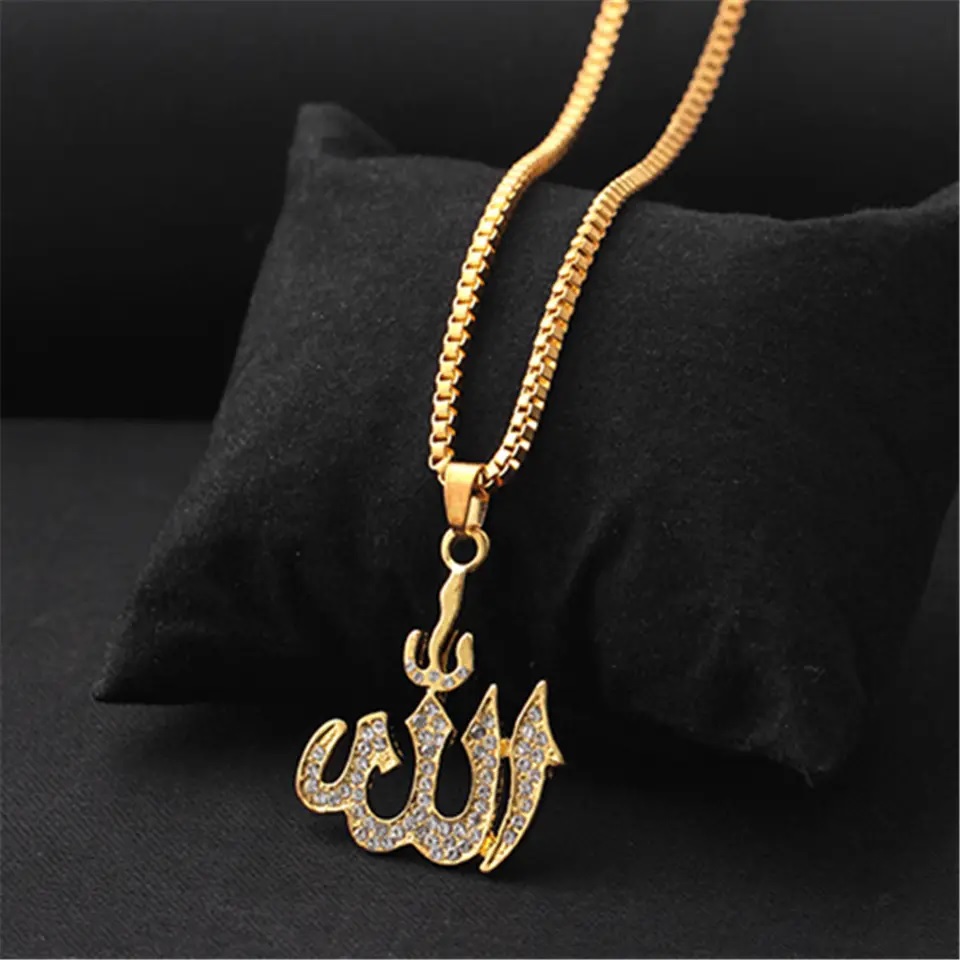 Vintage Muslim Islam Pendant Necklaces Stone Crystal Chain Necklace Religious Jewelry Men. 