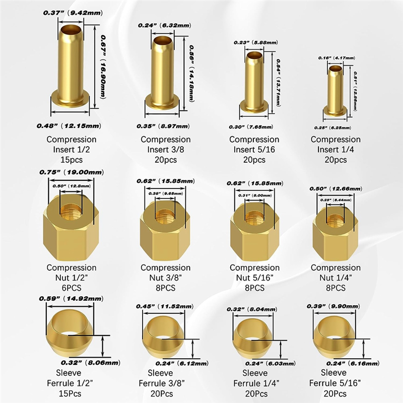 180PCS Compression Fittings Assortment Kit-(1/4In, 3/8In, 5/16In, 1/2In) of Brass Compression Sleeve Ferrule,Insert&Nuts Easy Install. 