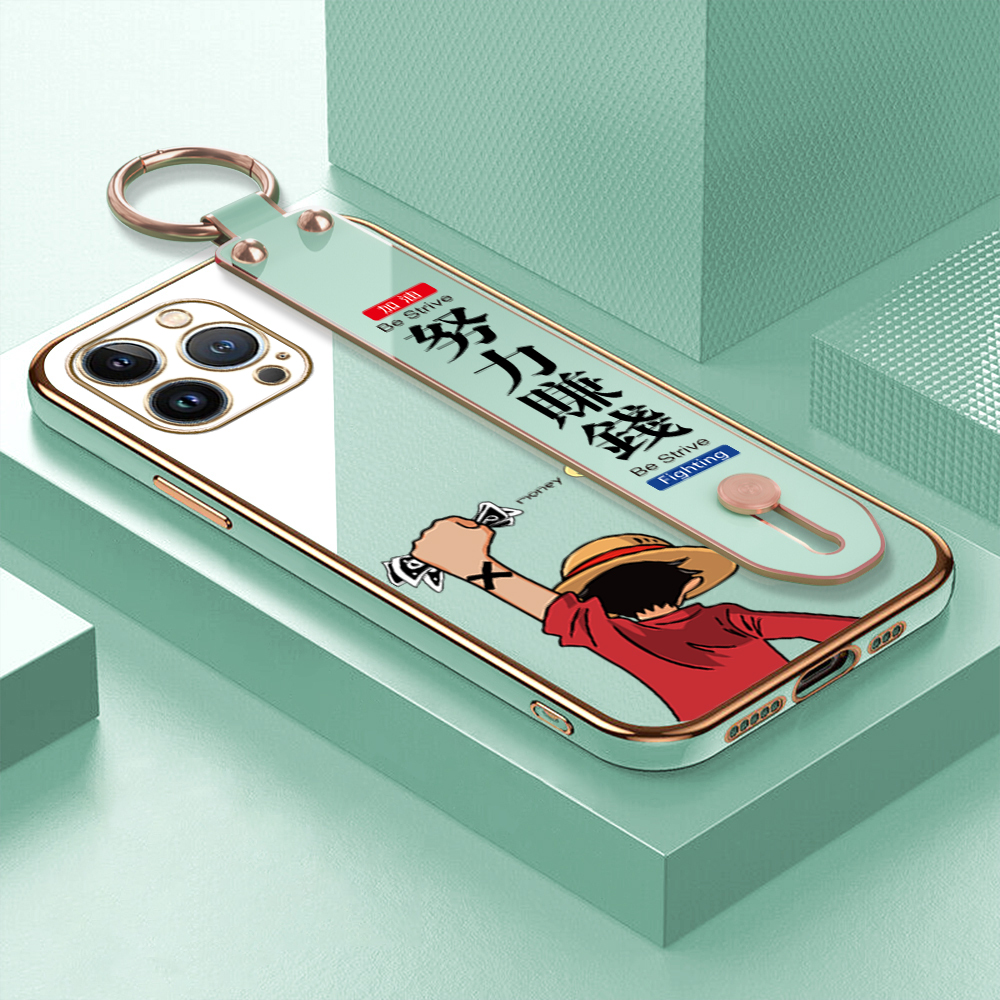 TA for iPhone 13 Pro Max Wrist Strap Back Cover Struggle Luffy Fashion Luxury 6D Plating Soft Casing Silicone Square Frame Phone Case. 