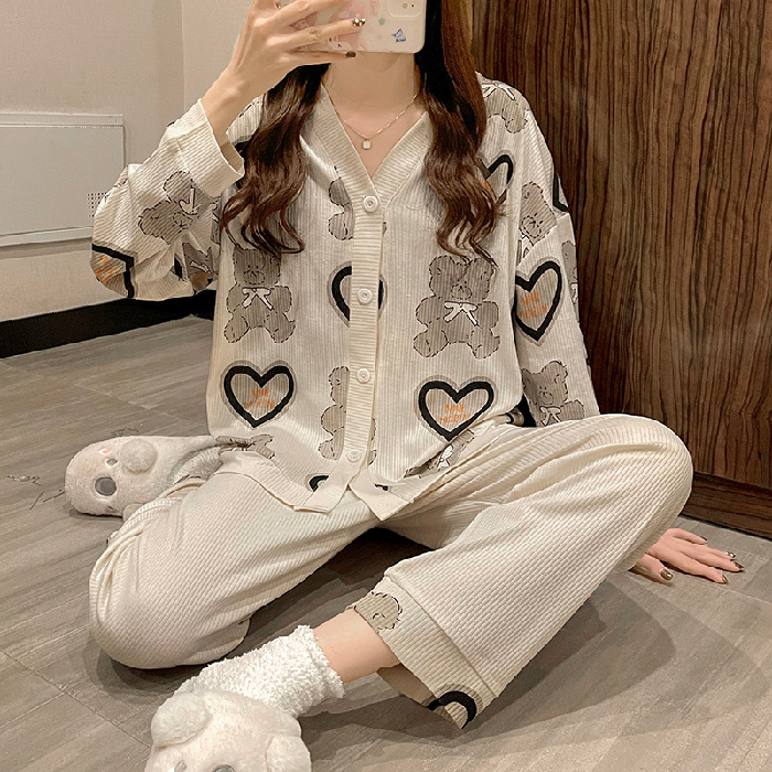 ins korean version circle circle small fragrance wind pajamas women's long sleeves and trousers with pockets loose v-neck foreign trade cross-border loungewear. 
