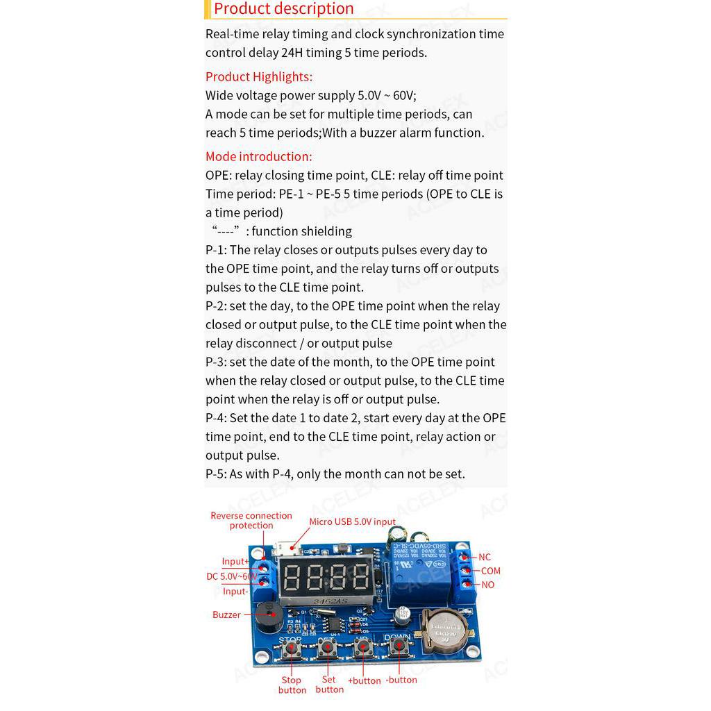 DC 5V Real time Timing Delay Timer Relay Module Switch Control Clock Synchronization Multiple mode control Wiring diagram. 