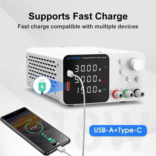 WANPTEK TPS305 Adjustable Regulated DC Power Supply, 30V 5A, Encoder Adjustment, USB Type-C Fast Charge, 4-Digit Display, Low Noise, A/V Switching, Cooling Fan White - UK Plug. 