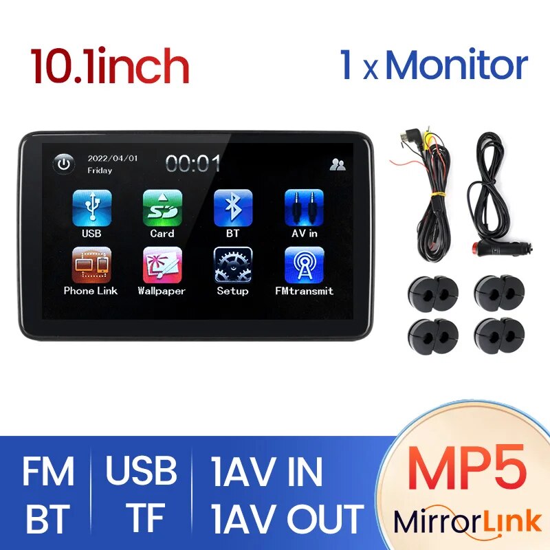 10.1 Inch Car Monitor Headrest Entertainment Auto Touch Screen Tablet Support Bluetooth USB TF Slot MP5 Player Mirror Link