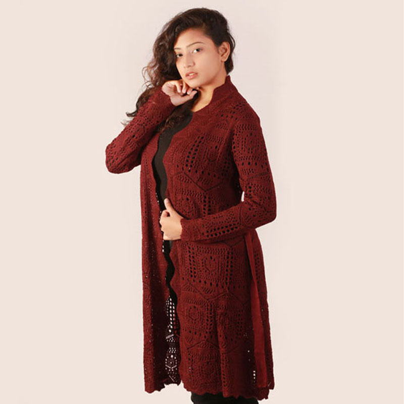 Sweater Un Ki Frock Women Maroon Self Design Longline Front