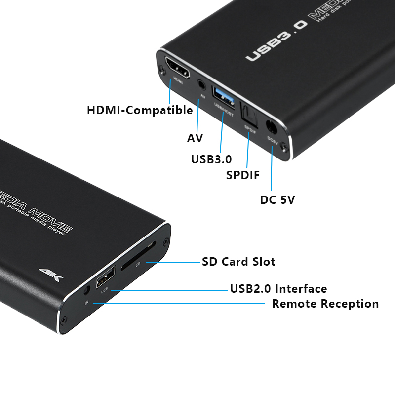 4K USB3.0 HDD Media Player Full HD H.265 Media Player Center with Auto Play For USB OTG SD AV TV AVI RMVB RM PPT SPDIF USB Hard. 