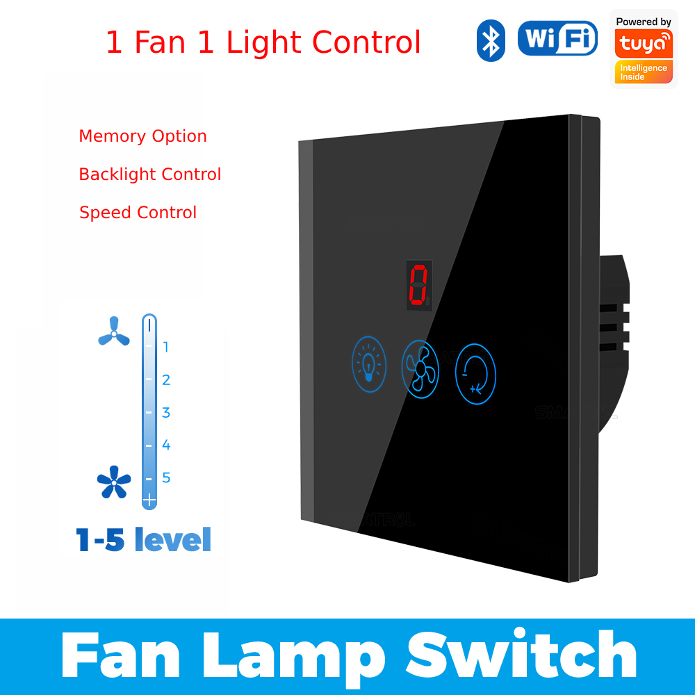 Wifi Smart Fan Light Switch with Speed Control Glass Panel Can Control Remotely Work for Tuya Alexa Google Home Smart Life. 