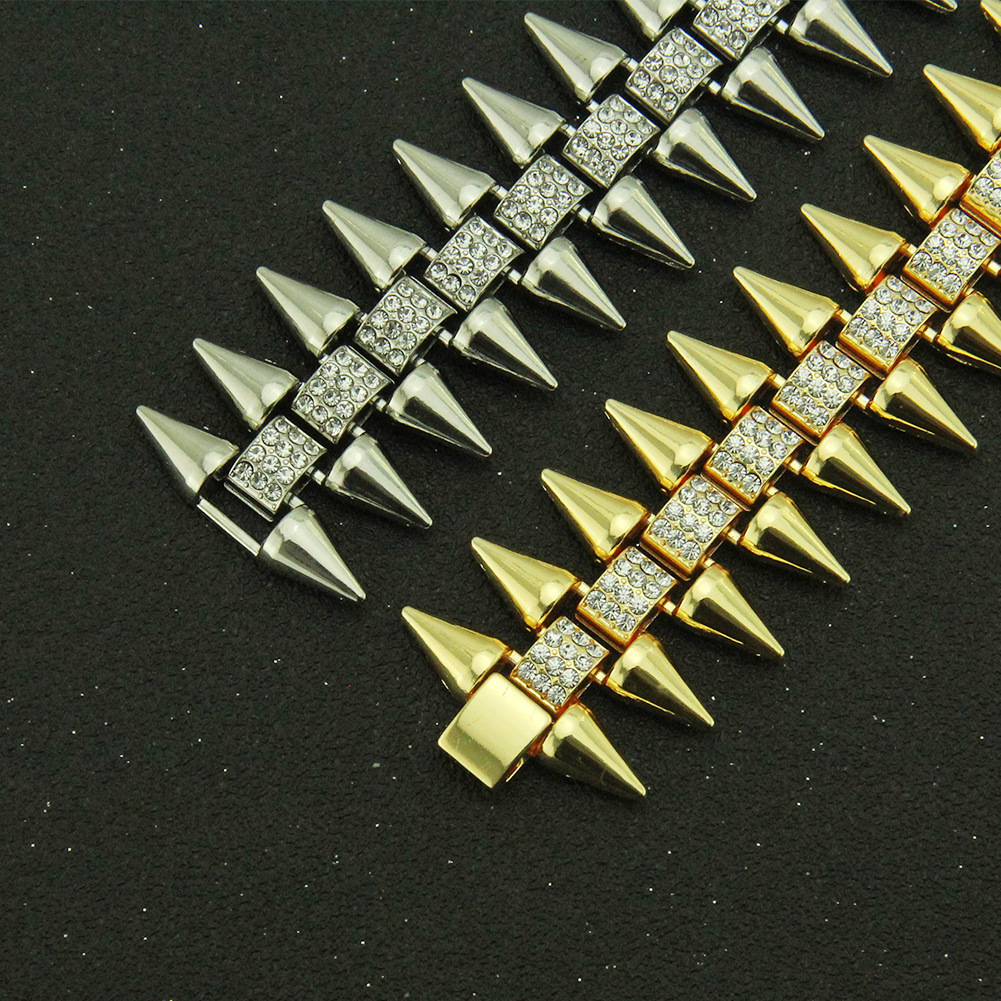 European and American hip-hop rappers men's bracelets motorcycle bicycles bracelets with pointed tapered diamonds performance props accessories. 