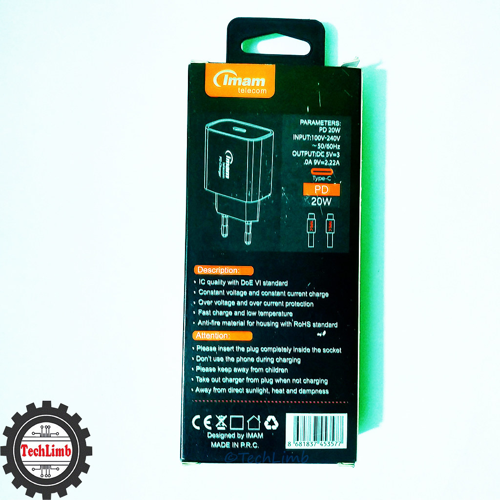 Fast Charger IM-S77 | 20W PD 5V/3A 9V/2.22A Power Adapter with Type-C Cable | Fast & Stable Charging | TechLimb – Best Price in Daraz BD!. 