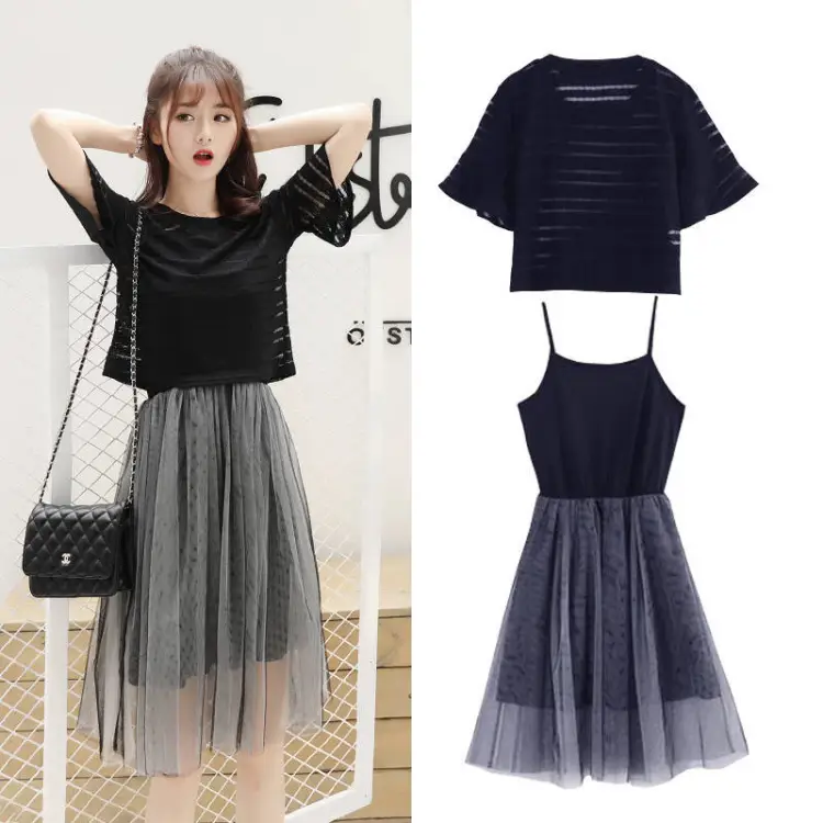 Fresh Suit Skirt New2023Mid-Length Two-Piece Set Dress Student Korean Style  Suspender Dress Female Summer