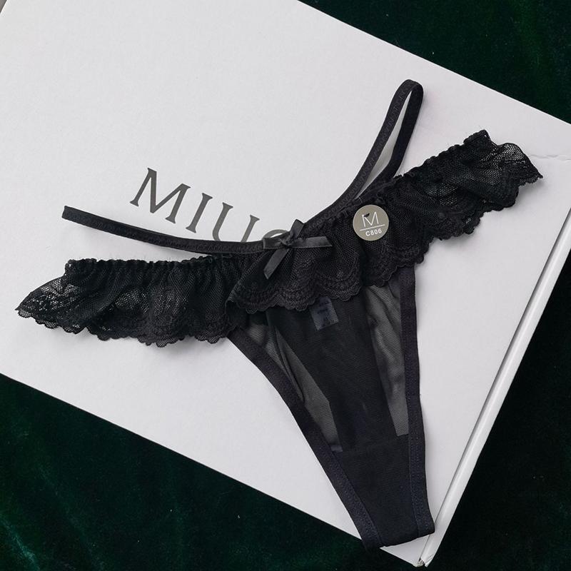 2024 New Lace Love Heart Transparent Women's Thong Bow Strap Net Yarn Hollow Out Thin High Elasticity Female Panties